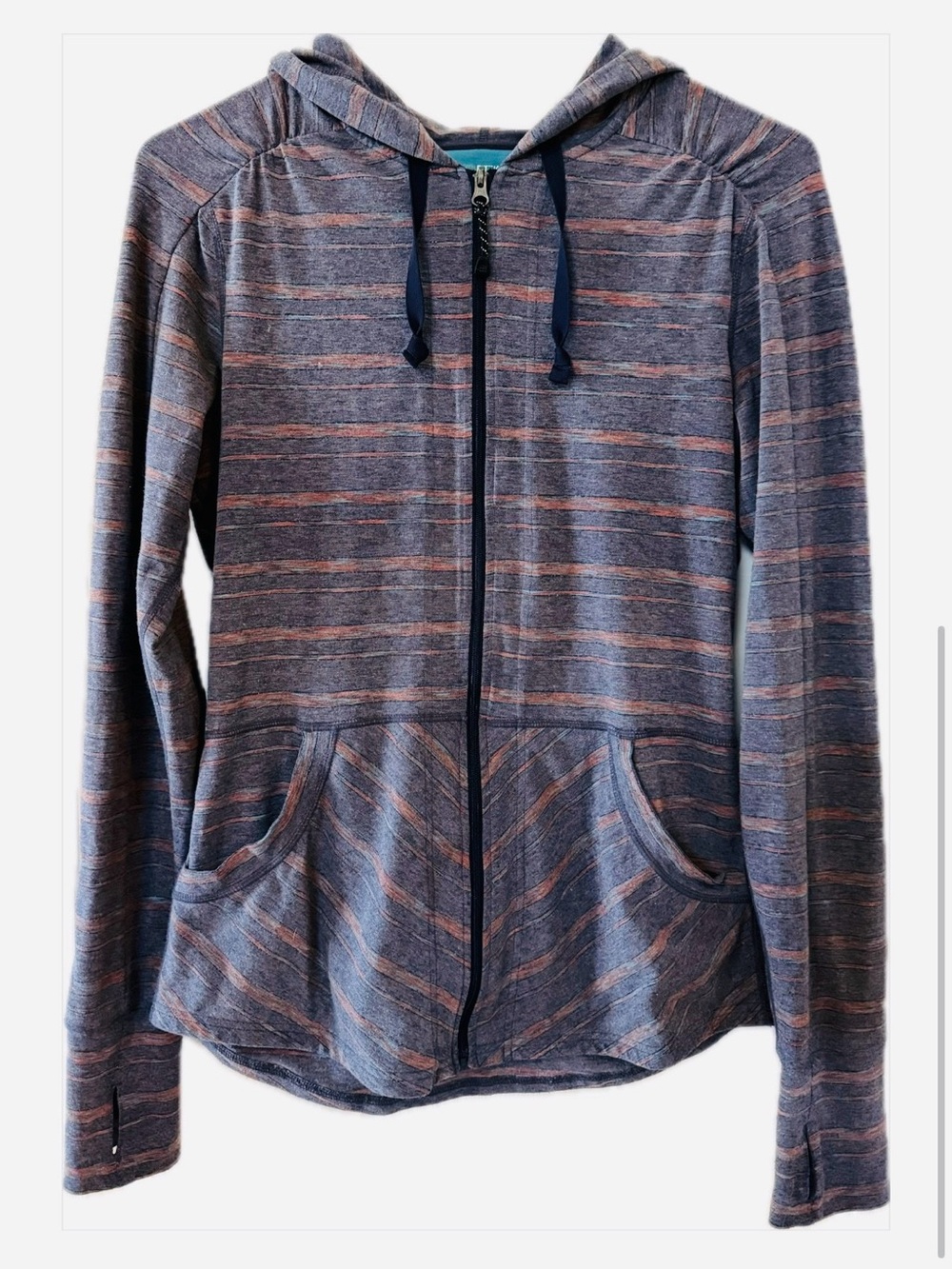 Striped Zip Hoodie with Hood and Front Pockets - Blue & Coral Stripes